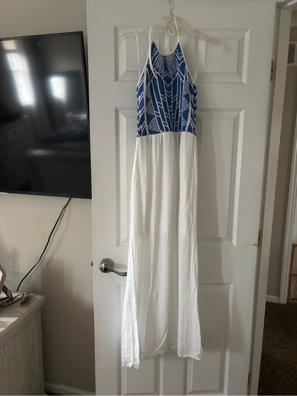 Jealous Tomato Blue and White Halter-Style Maxi Dress